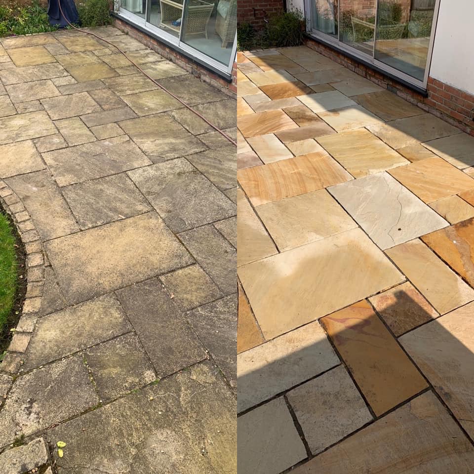 Sandstone patio before and after restoration cleaning