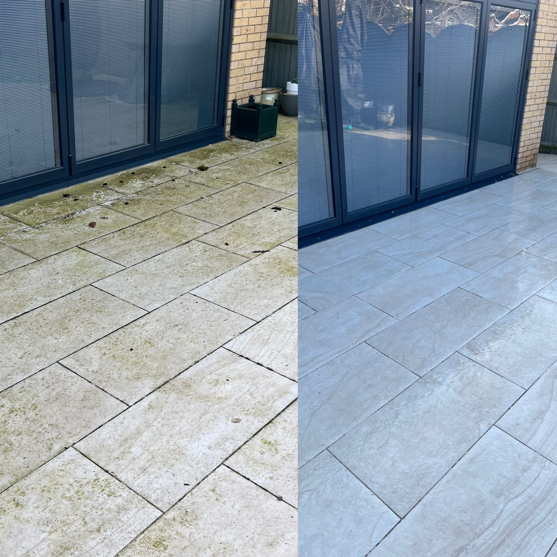 Grey paving by bi-fold doors before and after algae removal