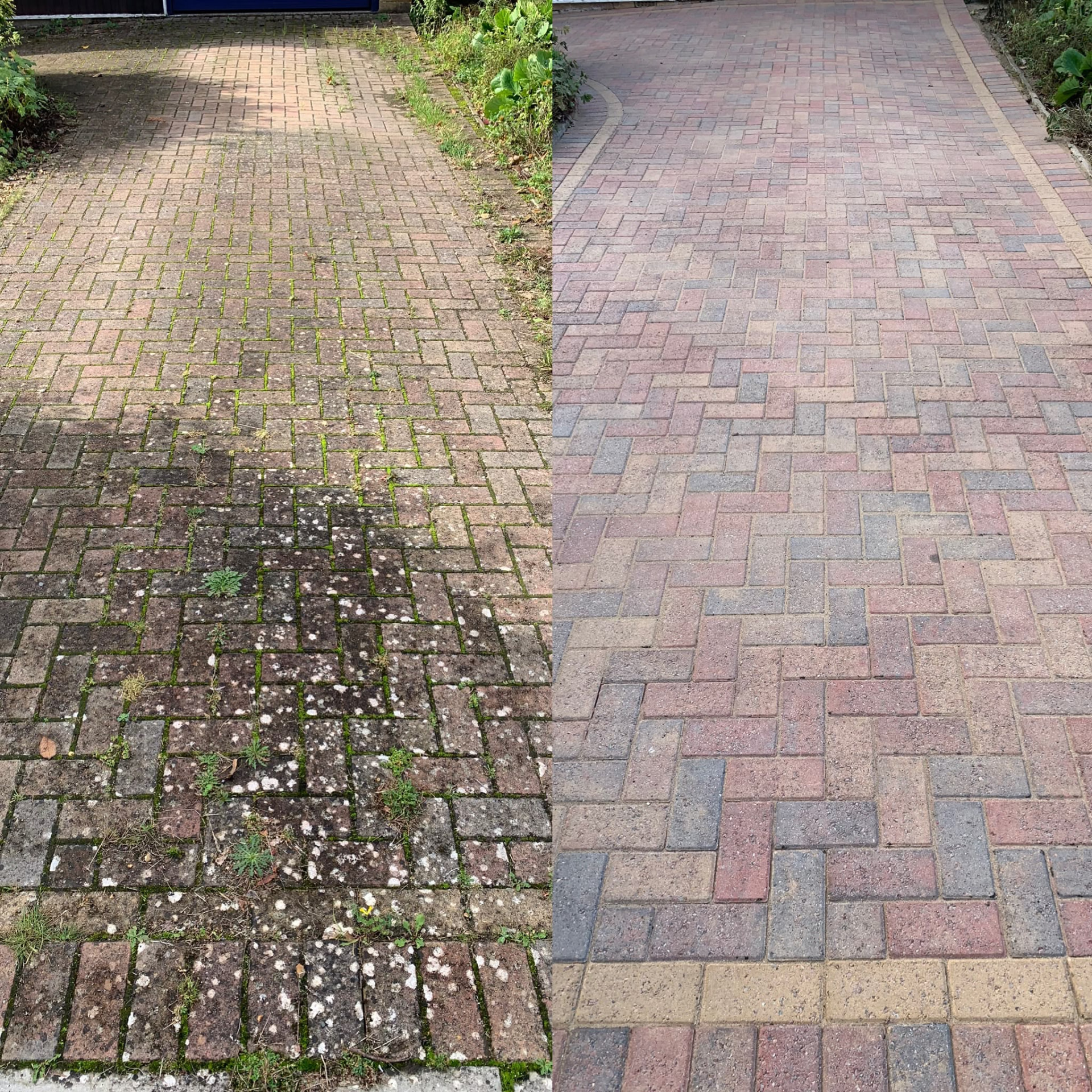 Block paved driveway before and after moss and weed removal